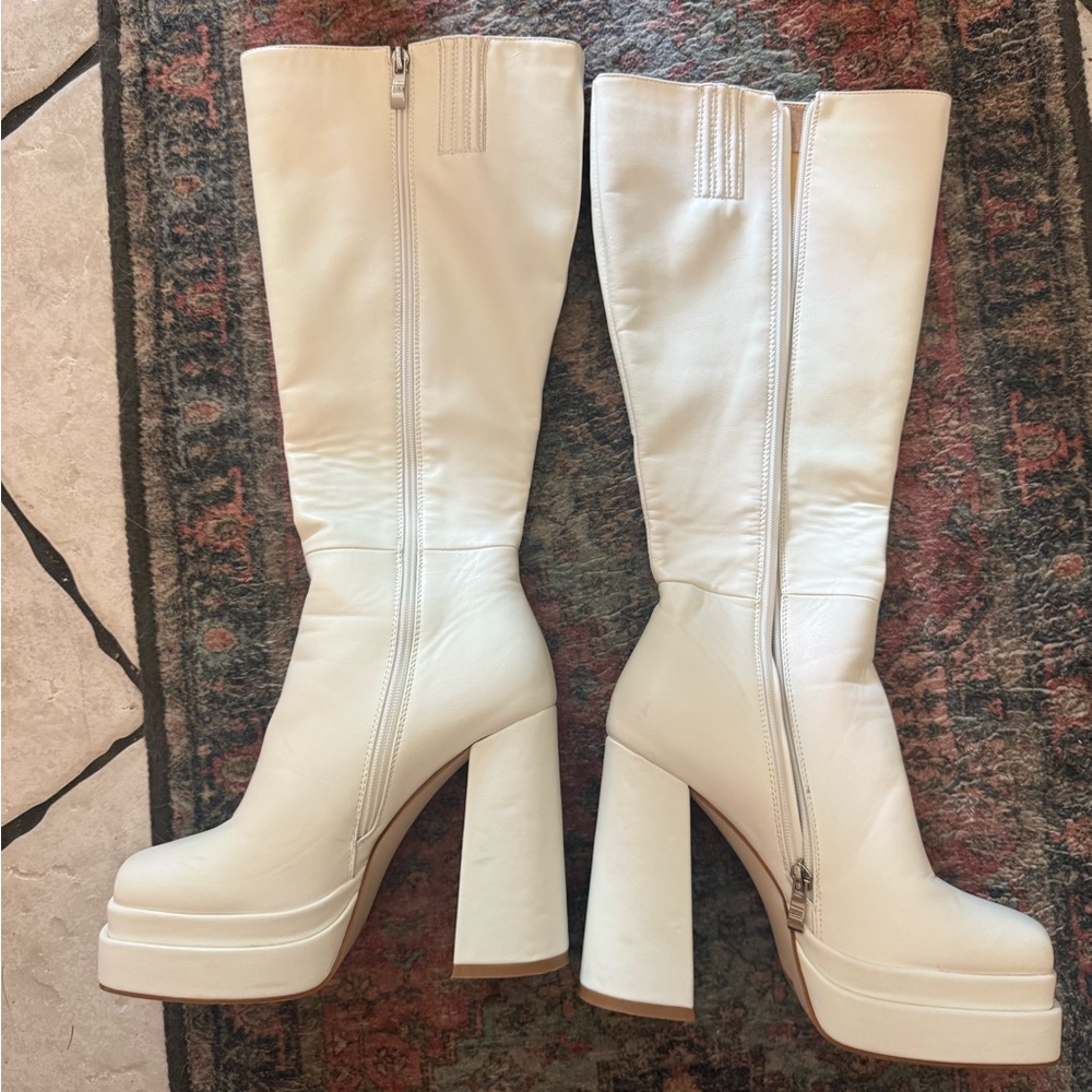 White Platform Knee-High Boots - Women's Fashion Heeled Boots